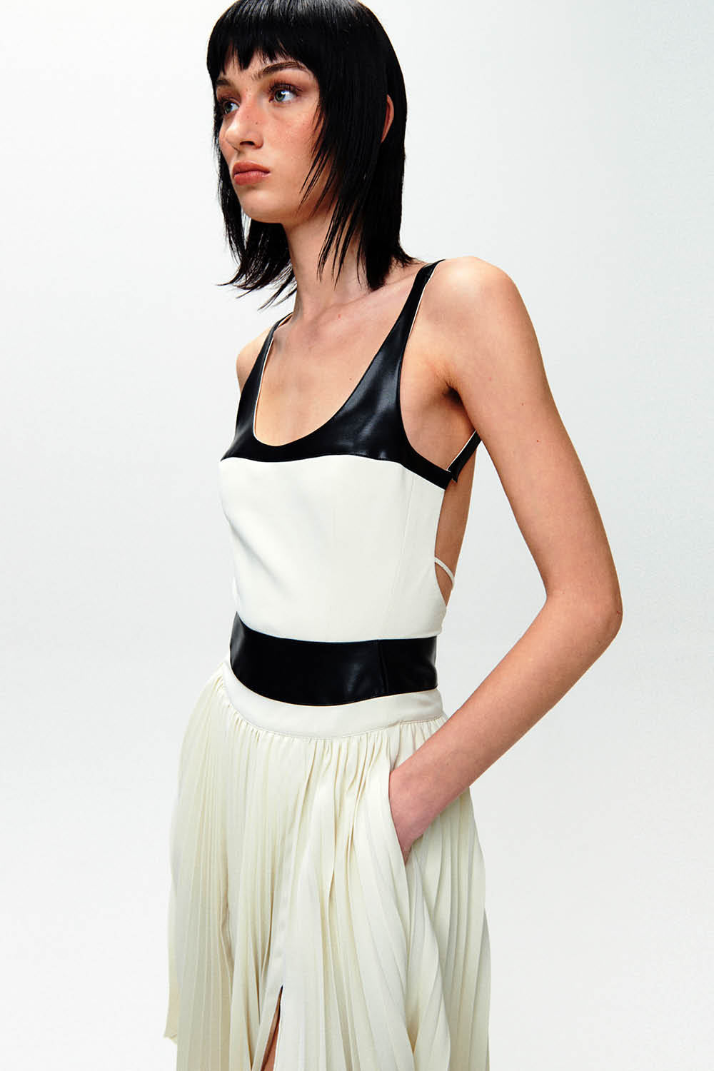 HAN WEN Open-Back Leather-Blocking Dress in Black and White