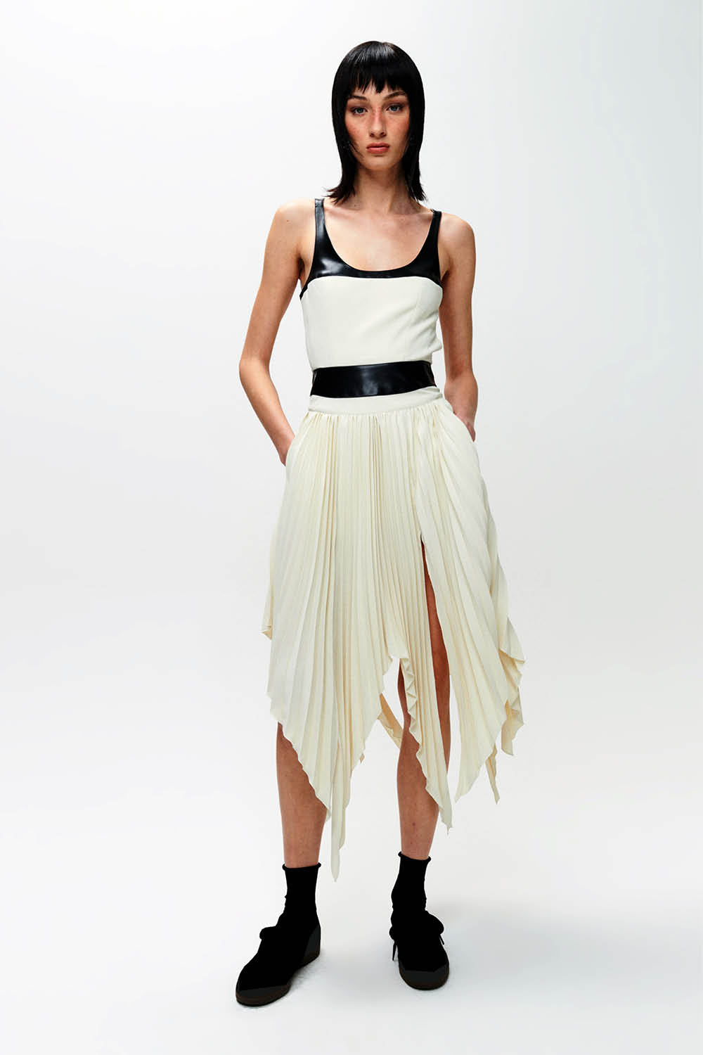 HAN WEN Open-Back Leather-Blocking Dress in Black and White