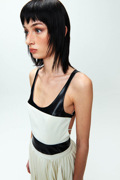 HAN WEN Open-Back Leather-Blocking Dress in Black and White