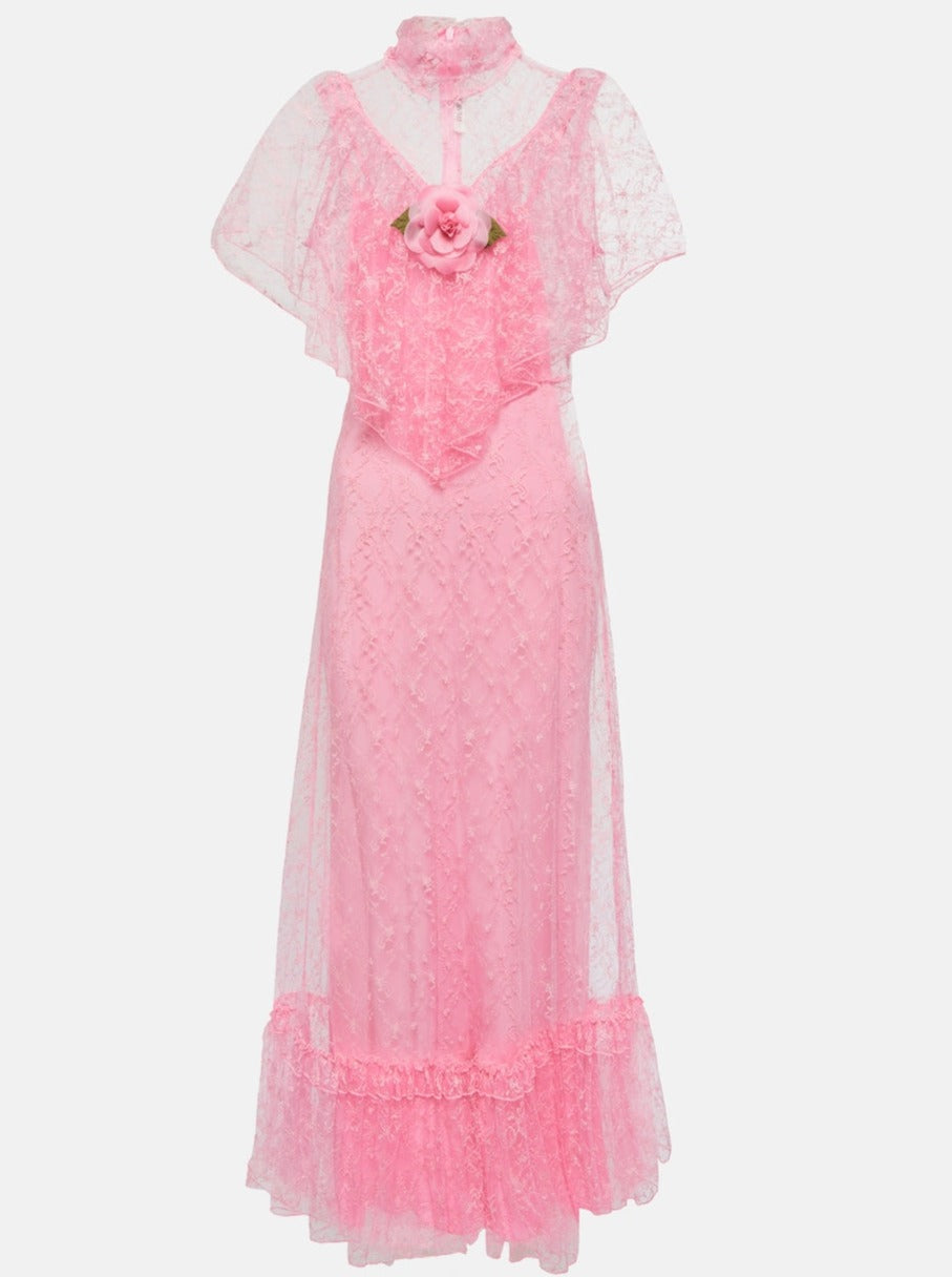 RODARTE Pink Floral Tulle Ruffle Collar Dress