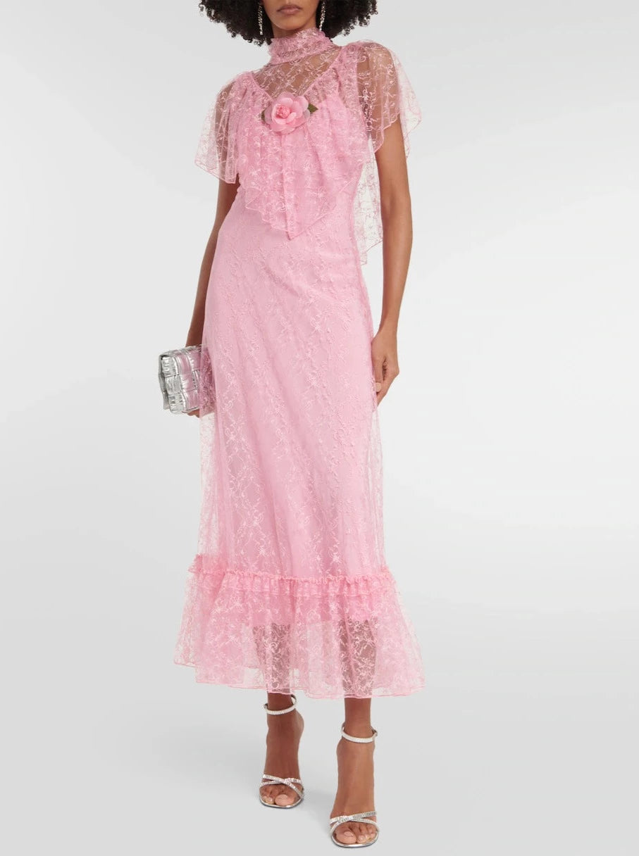RODARTE Pink Floral Tulle Ruffle Collar Dress