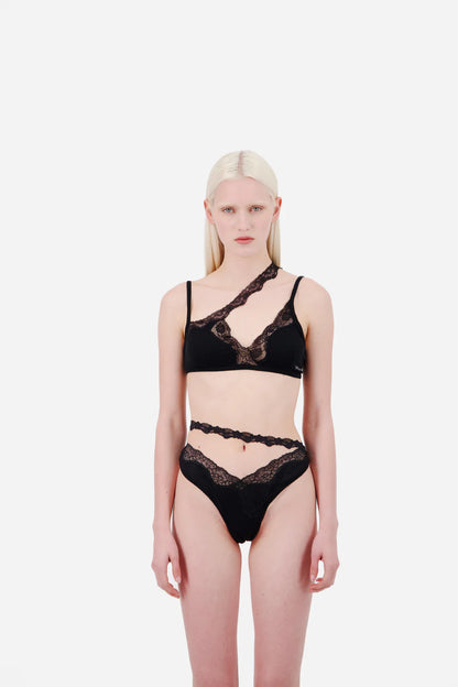 VAILLANT Ribbed Jersey Bra With Asymmetric Lace Trim in Black