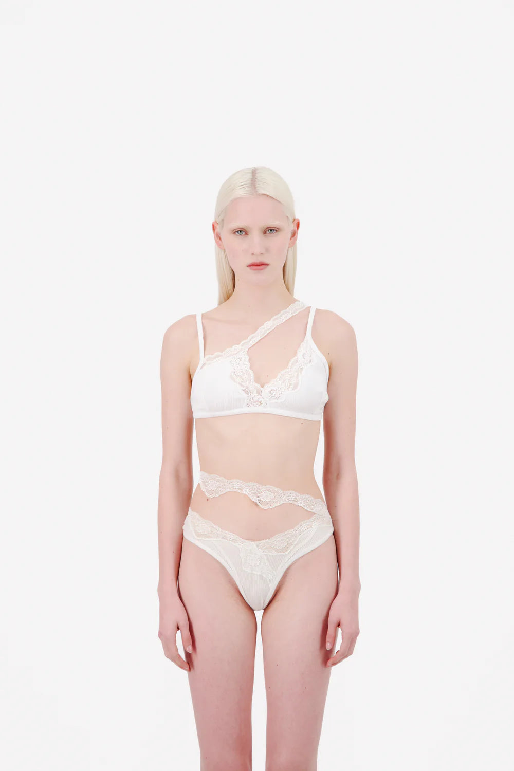 VAILLANT Ribbed Jersey Bra With Asymmetric Lace Trim in White