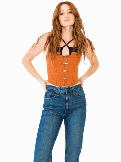 HAN WEN Stretchy X-Bralette Layered Corset Top in Brick Red