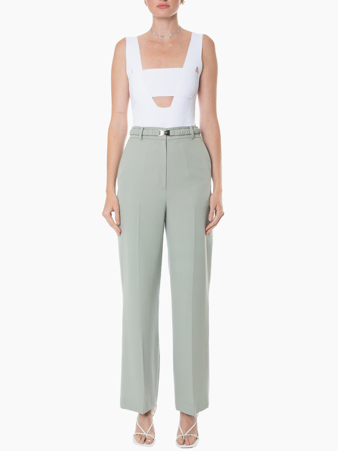 STUDIO J KOO Shirring Belted Wool-Blend Trouser