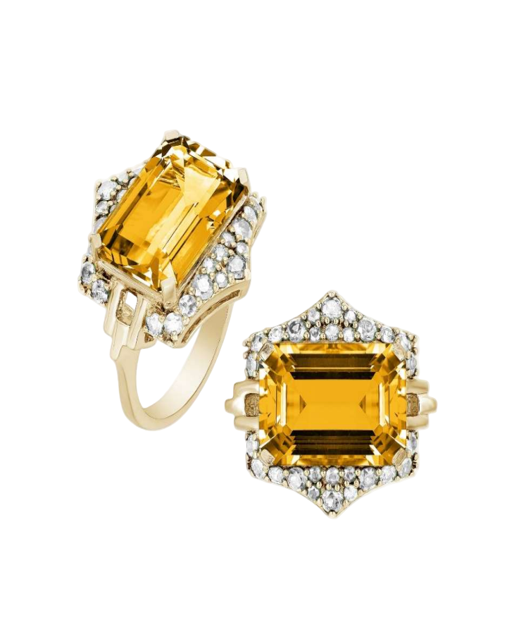 GOSHWARA Citrine Emerald Cut Diamond Halo Ring