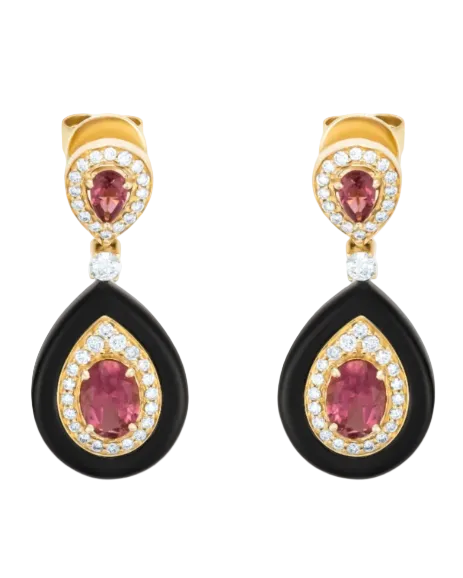 ELYZIAN Onyx, Pink Tourmaline &amp; Diamond Teardrop Earrings