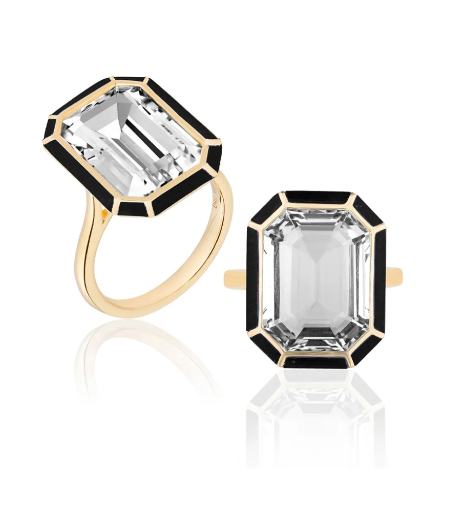 GOSHWARA Rock Crystal Emerald Cut Ring With Onyx Inlay