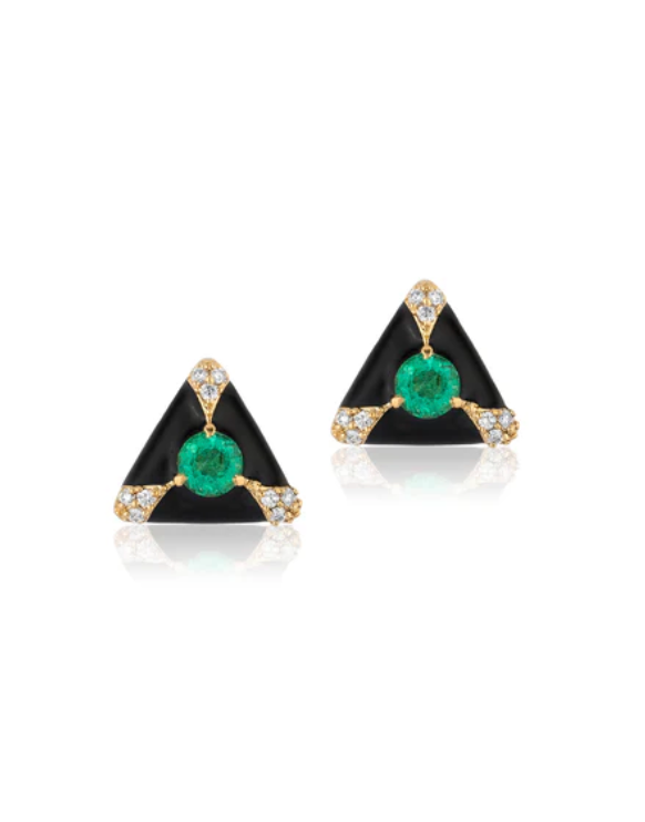 GOSHWARA Triangular Emerald &amp; Diamond Studs With Black Enamel