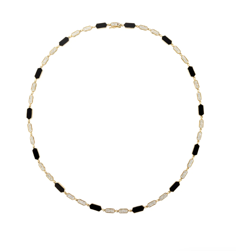 ELYZIAN Geometric Black Onyx and Pavé Diamond Link Necklace in 14K Gold