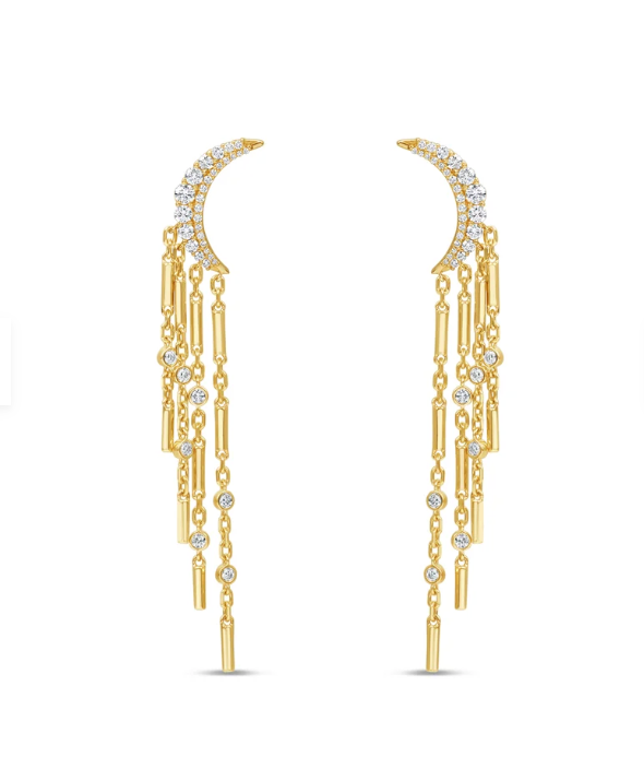 ELYZIAN Diamond Moon Crawling Dangle Earrings in 14K Yellow Gold