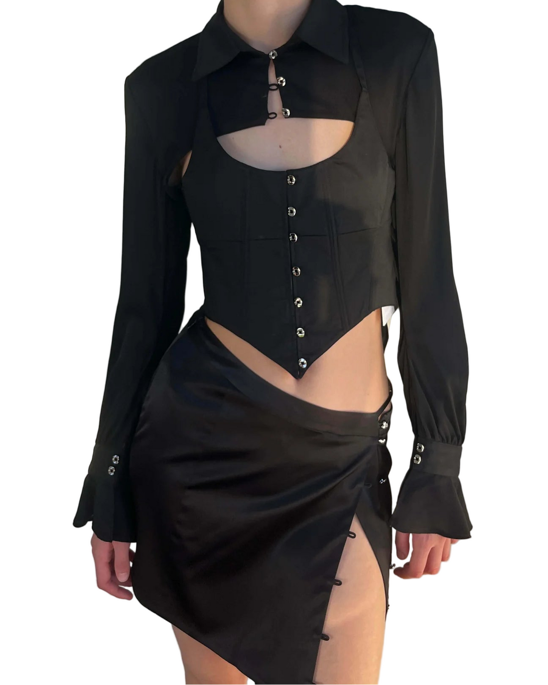 HAN WEN STUDIO Silk Leather Strap Slit Mini Skirt