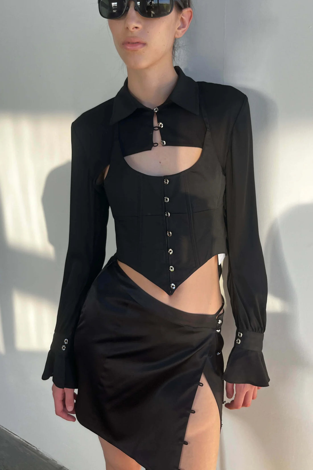 HAN WEN STUDIO Silk Leather Strap Slit Mini Skirt