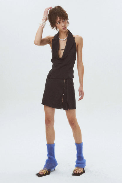 HAN WEN STUDIO Silk Leather Strap Slit Mini Skirt