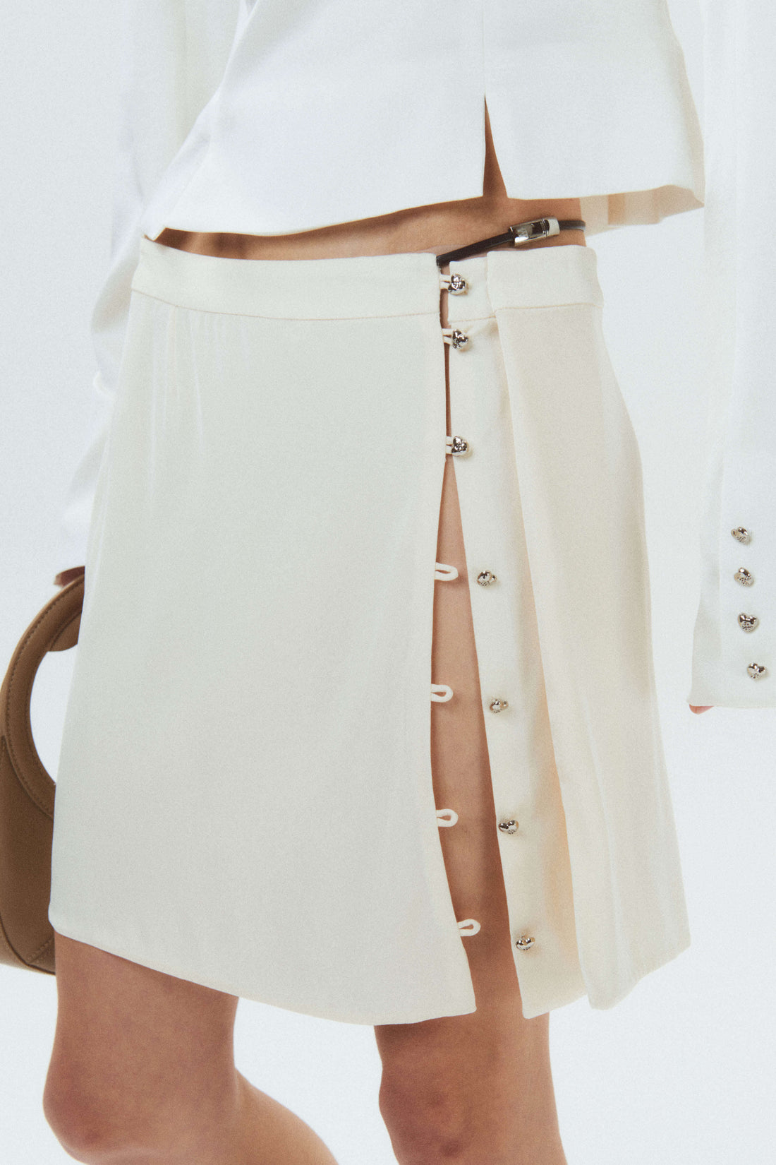 HAN WEN STUDIO Silk Leather Strap Slit Mini Skirt