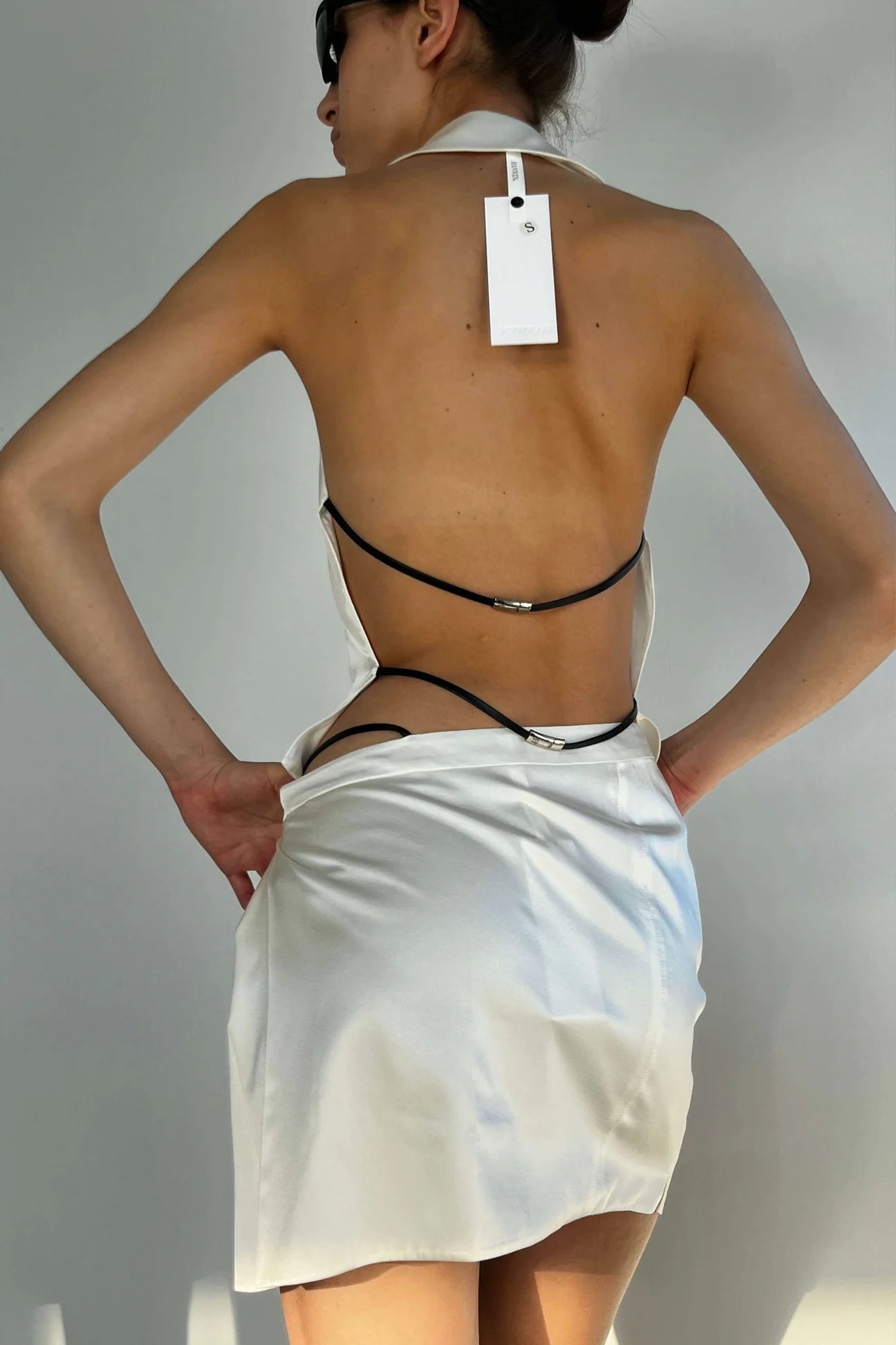 HAN WEN STUDIO Silk Leather Strap Slit Mini Skirt