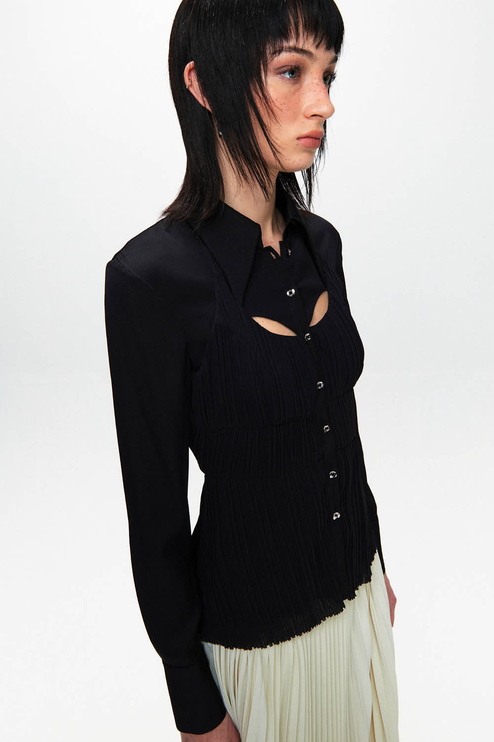 HAN WEN STUDIO Silk Mixed Pleated Shirt in Black