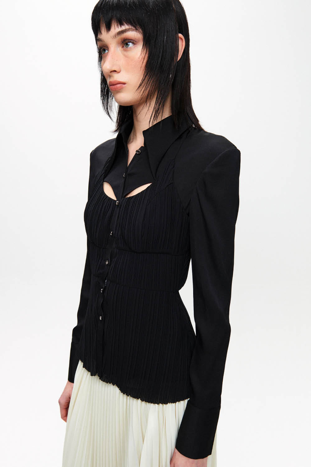 HAN WEN STUDIO Silk Mixed Pleated Shirt in Black