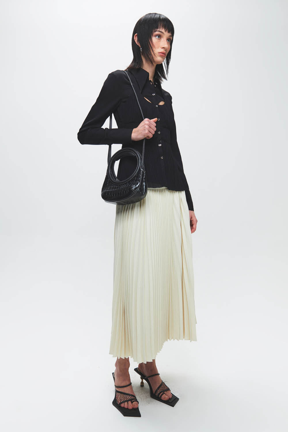 HAN WEN STUDIO Silk Mixed Pleated Shirt in Black