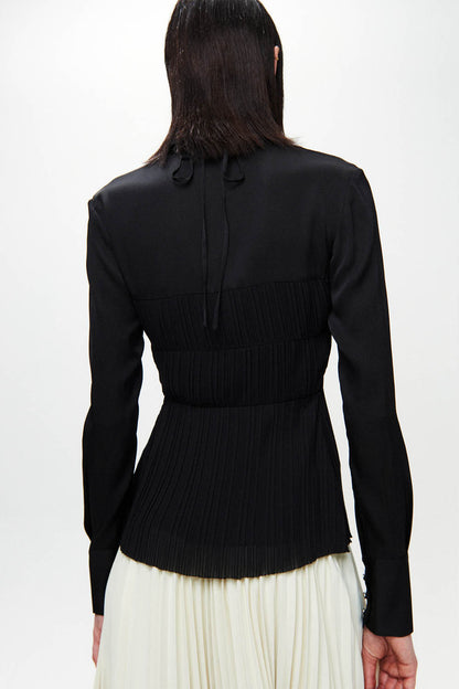 HAN WEN STUDIO Silk Mixed Pleated Shirt in Black