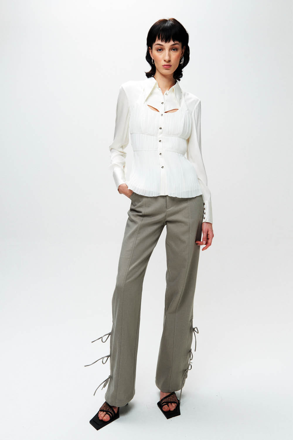 HAN WEN STUDIO Silk Mixed Pleated Shirt in White