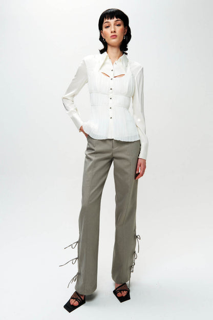 HAN WEN STUDIO Silk Mixed Pleated Shirt in White