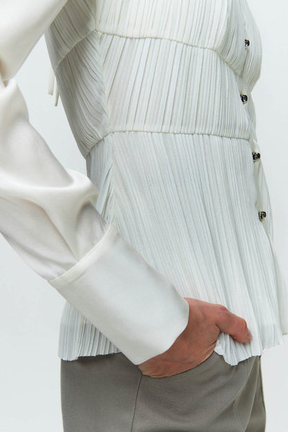 HAN WEN STUDIO Silk Mixed Pleated Shirt in White