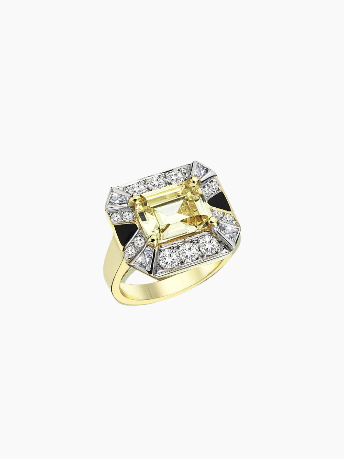 Gold ring with a yellow topaz and diamond accents on a white background