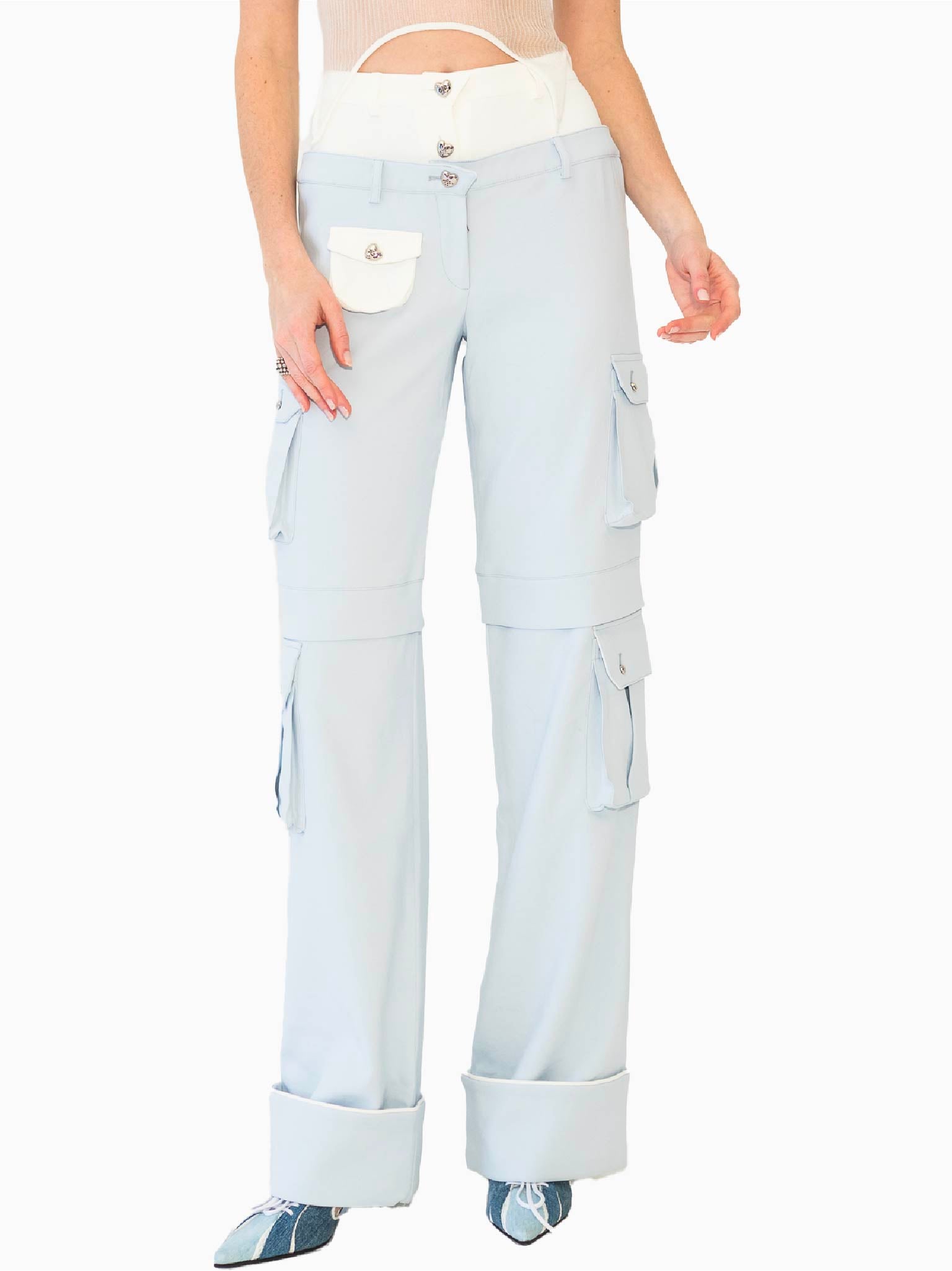 HAN WEN STUDIO Contrasty Waists Cargo Trouser Ice Blue and White