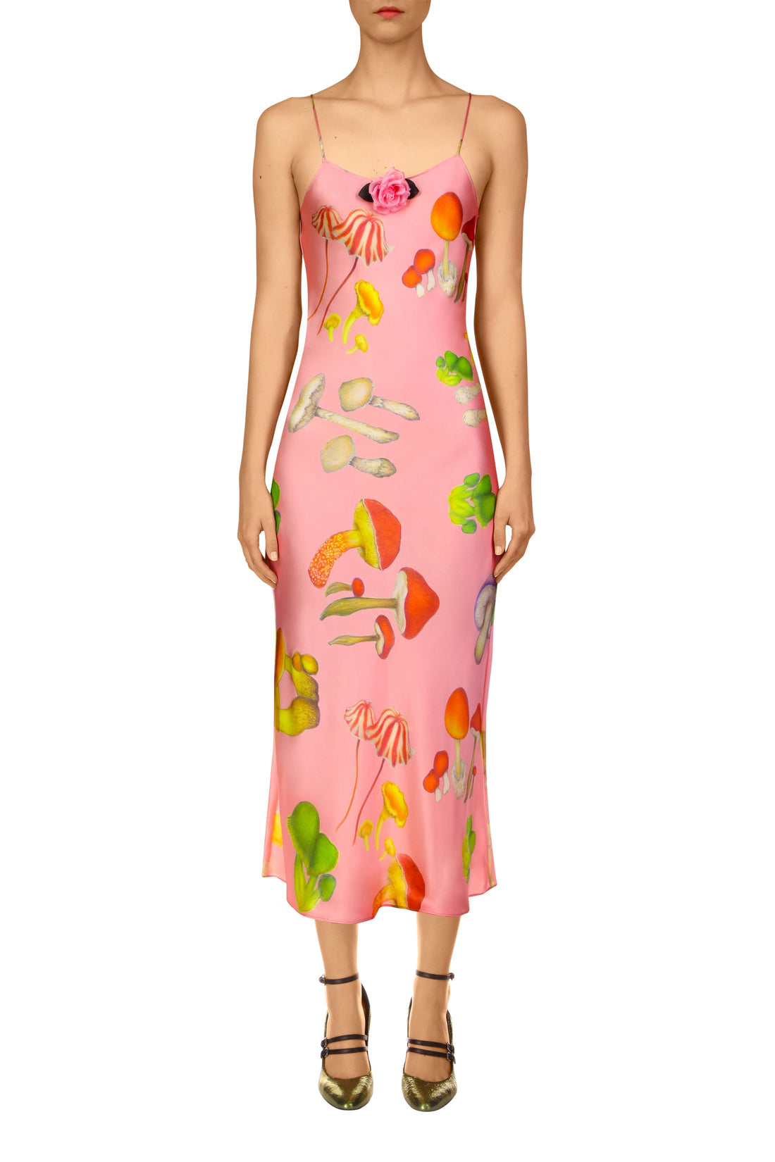 RODARTE Pink Mushroom Printed Silk Satin Slip Dress