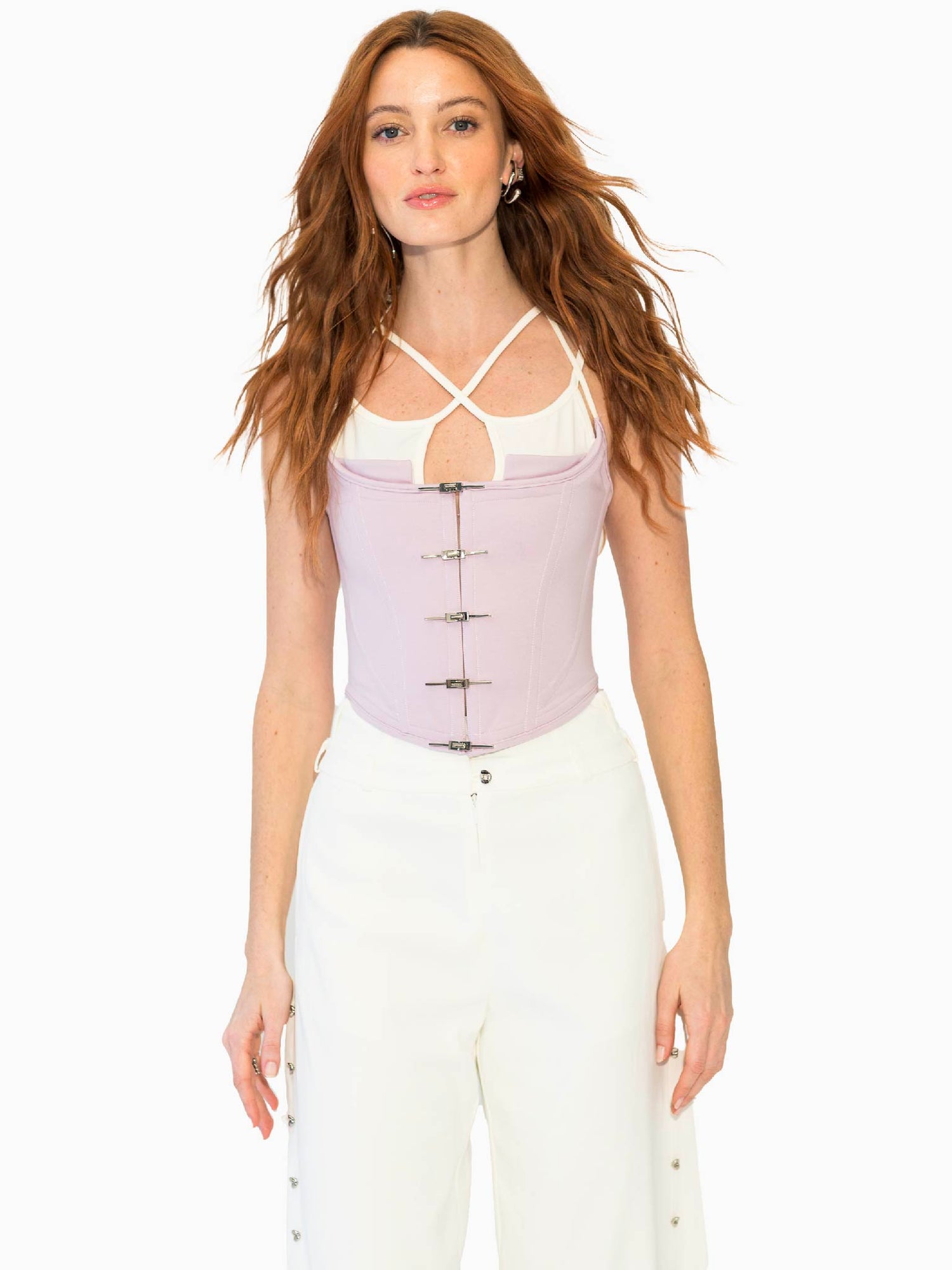 HAN WEN Stretchy X-Bralette Layered Corset Top in Lavender