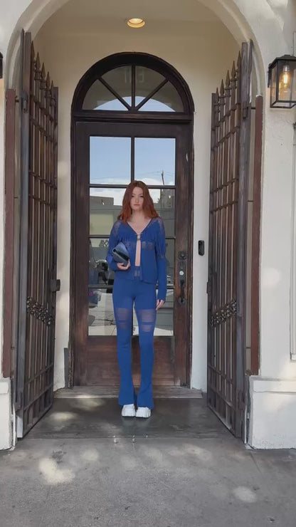 HAN WEN STUDIO Mesh Fringe Cardigan in Blue