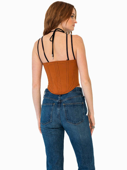 HAN WEN Stretchy X-Bralette Layered Corset Top in Brick Red