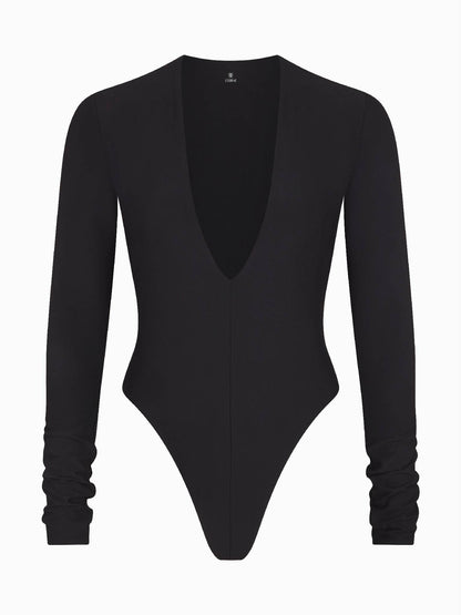 ETERNE Long Sleeve Deep V Bodysuit in White